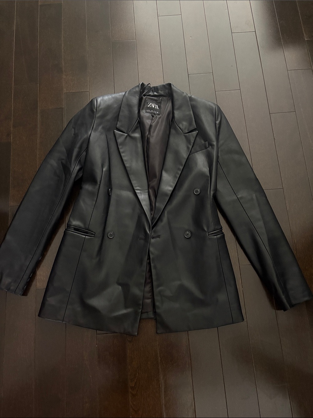 Zara Black Faux Leather Double-Breasted Blazer Jacket